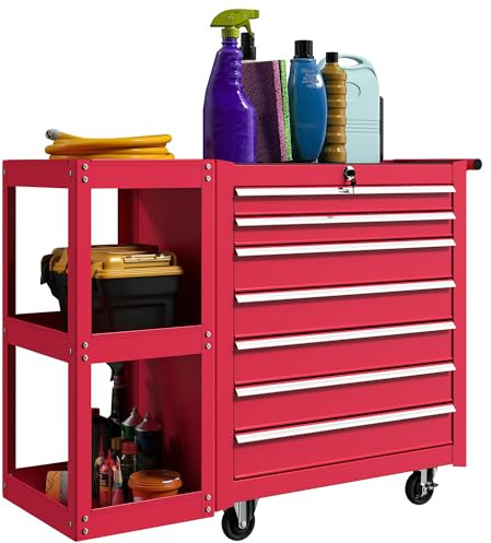 HOMCOM Carro de Herramientas con 7 Cajones, Carro de Taller con Estantería de 3 Niveles Desmontable, Sistema de Cierre Central, Asa, 2 Ruedas con Freno de Bloqueo, Rojo