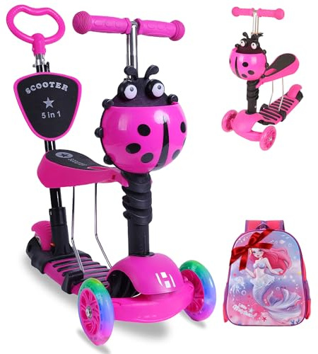 Habib - Patinete infantil 5 en 1 con asiento y mochila infantil 3D a juego - Patinete de 3 ruedas con barra de empuje, ruedas LED y respaldo, altura regulable para niños y niñas de 2 a 8 años
