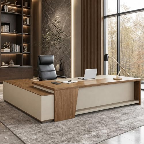 78.7/200cm Executive Desk with Built-in Outlets, Cabinet Drawers, Right | L-Shaped Large Executive Office Desk with LED, Privacy Panel & Storage Shelves for Office Business Boss CEO Managers