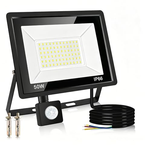 Caldarax 50W Fari Led da Esterno con Sensore di Movimento, 4500LM 6500K Bianco Freddo Faretto LED Esterno, IP66 Impermeabile Faro LED Interna ed Esterna per Garage, Giardino, Cortile