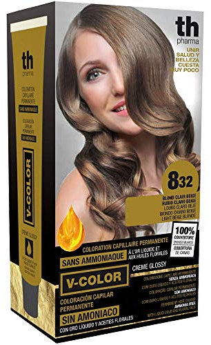 Thader Th Pharma V-Color Kit de Tinte permanente Sin Amoniaco con Oro Líquido 100% Cobertura de canas, 120 ml (No. 8.32 Rubio claro beige)