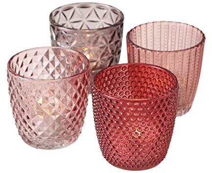Boltze Windlicht Set Marilu 4-teilig (lila/rosa, Deko-Gläser für Kerzen/Teelichter, Kerzenständer ø 8 cm, Verschiedene Muster, Form rund, Teelichthalter) 1017892