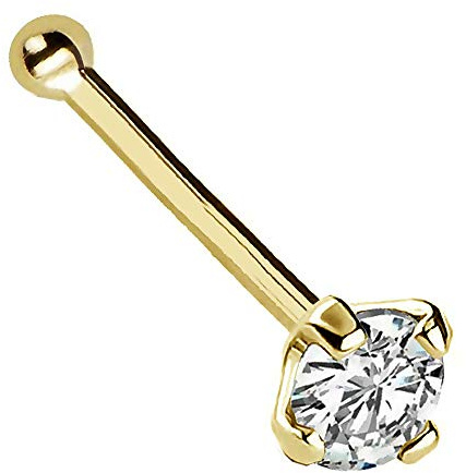 Jewelry Avalanche Solid 14Kt Gold Nose Bone Stud, 24G (0.5mm) Nose Bone, Nose Stud, 14kt Yellow Gold or 14kt White Gold Nose Ring Prong Set CZ Accent-Y2.5mm