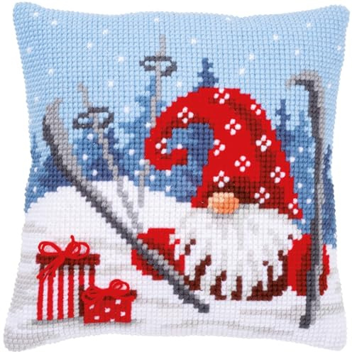 VERVACO Kit Cuscino Punto Croce GNOMO DI NATALE CHE SCIA Set Ricamo Principianti Cuscini Gobelin Decorativi ca. 40 x 40 cm Accessori Per Lavoretti Creativi DIY Casa Decor Hobby Adulti Cross Stitch