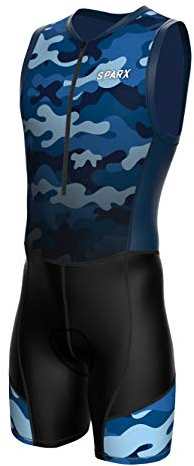 Sparx Men`s Triathlon Suit Trisuit Race Skinsuit Cycling Speed Suit Italian Fabric Swimskin (Blue_Camo_2XL)