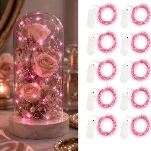 Guezuvoru Set med 10 batteridrivna LED-ljusslingor 1 m 10 LED rosa silvertråd vattentät flaska stjärna ljusslingor för jul bröllopsfest sovrum heminredning utomhus