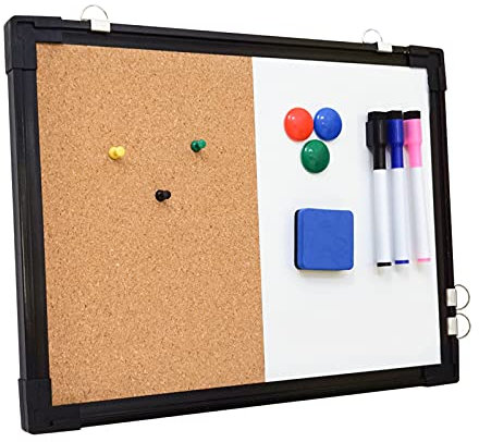 Lavagna bianca e sughero combinati, 40,6 x 30,5 cm, lavagna bianca combinata e tavola in sughero, perfetta per ufficio e casa, casa, scuola, lavagna (bordo nero)