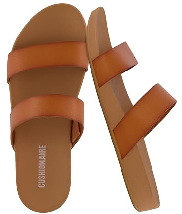 CUSHIONAIRE Josie Womens Sandals – Slip On Two Strap Slides Comfort Flip Flops Beach Sandals for Women 2025, TAN 8.5
