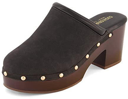CUSHIONAIRE Guest Platform Clogs for Women, Heeled Faux Wood Mules with Studded Detailing and Memory Foam Footbed for All-Day Comfort, BLACK 10