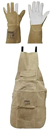 Premium Beige Leather Safety Apron and TIG Gloves - Foundary Welders Welding Gardeners Blacksmith