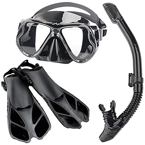 Masque Palmes Snorkel Set Snorkeling Gear pour Adultes Enfants, Lunettes De Natation Vue Panoramique Anti-Buée Anti-Fuite, Dry Topsnorkel Et Kit De Palmes De Plongée pour La Plongée sous-mar