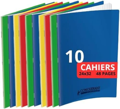 Conquérant Lot de 10 Cahiers Classique 24x32cm Grands Carreaux Seyès 48 Pages Agrafées, Couleurs Assortis