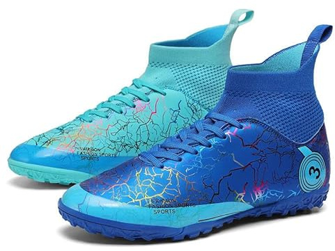VTASQ Pojkar och flickor fotbollsskor barn Astro turf träningsskor junior fotbollsskor inomhus utomhus atletiska sneakers halkfria unisex [9, 10, 11, 12, 13] UK storlek, Blå turkos, 33 EU