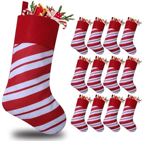 Tokforty 12 Pack Candy Cane Christmas Stockings, 19 Inches Red and White Christmas Stockings for Family Christmas Holiday Decorations