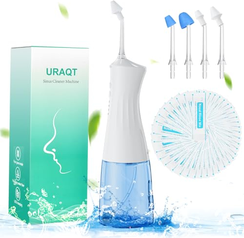 URAQT Elektrisch Nasendusche, Elektrischer Neti Pot für Erwachsene und Kinder, mit 4 Ersatzköpfe und 40 Nasenspülsalz, Nasenspülung für Befreiung der Nasennebenhöhlen, Blau