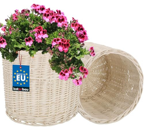 KOTARBAU® Set di 2 cesti in vimini da piantare, colore bianco, altezza 23 cm, diametro 25 cm, cesto per piante intrecciate, per balconi e vasi da fiori intrecciati