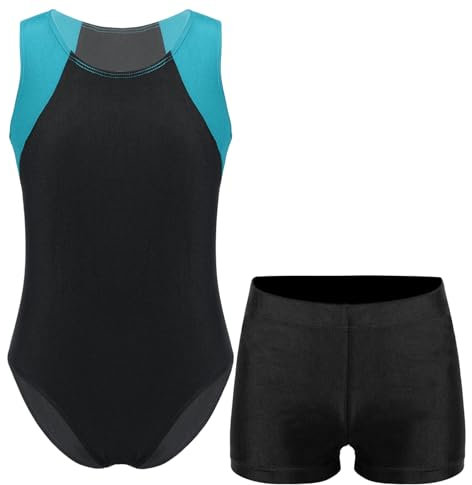 Alvivi Kinder Ballettanzug Ballett Trikot Turn-Leotards Ärmellos Body mit Shorts Jungen Turnanzug Gymnastikanzug Yoga Training Sportwear Blau Grün&Schwarz 122-128