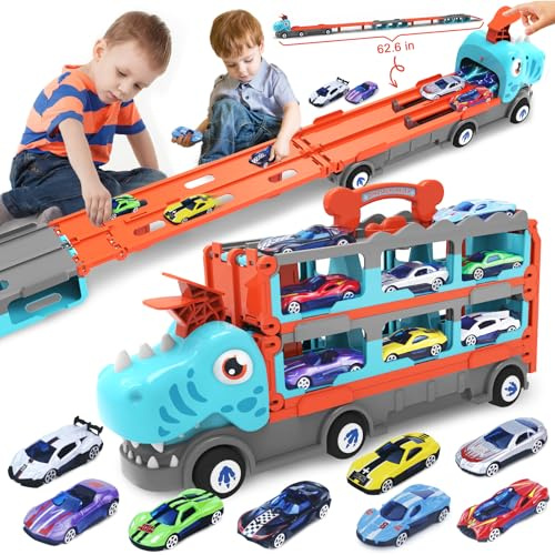 Camion Transportador Dinosaurios Coche de Juguete con 8 Coches de Carreras,Regalo Juguetes Niños 3 4 5 6 7 8 Años