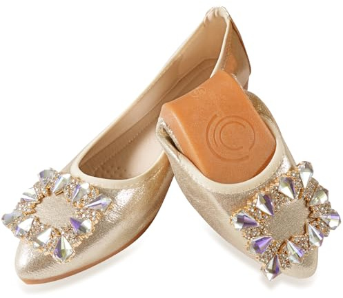 YOUNIFIZ Women's Ballet Flats Soft Pointed Toe Fashion Buckle Wedding Shoes Foldable Sparkly Comfort Slip on Ballerina Walking Flats Pumps (Gold-2,Size 8)