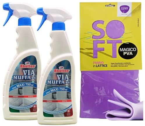 SET: Detergente Spray VIA MUFFA Rh. Sbianca e Igienizza Muri, Piastrelle, Fughe, Sbianca Le Macchie Nere Di Umidità In Modo Veloce 750ml + Panno SOFT In Lattice 30x30 (2 Flaconi + Panno)