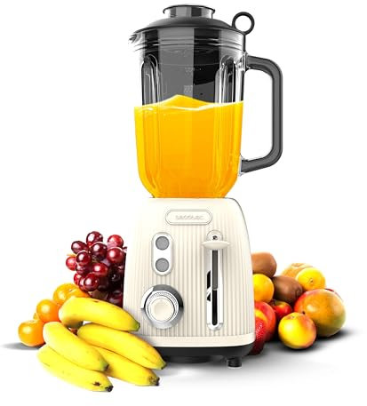 Cecotec Standmixer Retro Power Black Titanium RetroBeige. 1200W Maximale Leistung, 2 Geschwindigkeiten, 4-blättrige Klinge mit schwarzem Titanbeschichtung und 1,5L Krug, Vintage-Design in Beige