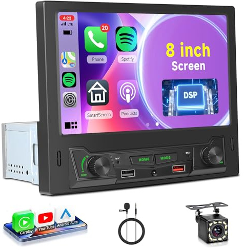 Rimoody 8 Inch Single Din Wireless Carplay Android Auto Car Radio, Touch Screen Car Stereo Bluetooth Mirror Link FM DSP Online Video Backup Camera
