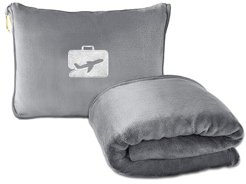 WUWENY Manta de viaje almohada 2 en 1, manta de viaje para avión y coche, almohada transformadora, manta de viaje ultraligera para viajes, oficina, hogar, viajes de negocios, 152 x 127 cm/540 g (gris)