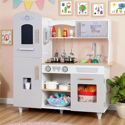 Clevich Cucina Legno per Bambini, Cucina Giocattolo per Bambini, Cucina da Gioco Ludica con suoni e luci reali, 5 PCS Piedi, con tanti divertenti accessori (Grigio e bianco)