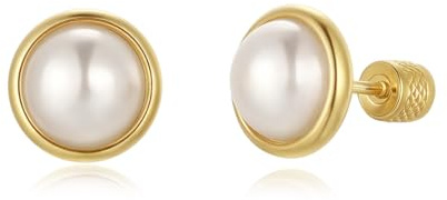 TIZU Boucles D'oreilles Perles en Or 14K pour Femmes à Vis Perles D'eau Douce Cultivées Cadeaux de Noël(6mm)