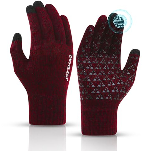 Touchscreen Thermal Fleece Gloves – Windproof Water-Resistant Liner for UK6-11 Hands – Non-Slip Grip Winter Sports Gloves for Running Cycling Driving Hiking with Elastic Wrist Cuff (1 Pair Red)