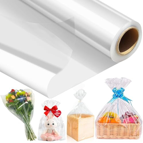 86 CM x 30 M Cellophane per Imballaggio, 3 Mils Carta Trasparente per Confezioni Rotolo Carta Regalo, Cellofan per Imballaggio per Fiori, Caramelle, Cesti, Frutta(86CM piegato a 43CM)