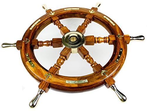 Nagina International Nautical Premium Sailor's Hand Crafted Brass & Wooden Ship Wheel | Luxury Gift Decor | Boat Collectibles (24 Inches, Anchor & Strips With Brass Handles)