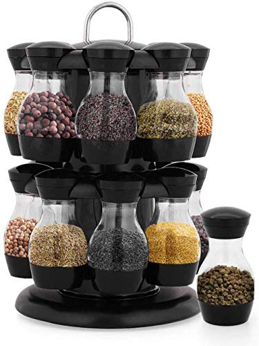 Especiero Carrusel Especiero giratorio, Recipiente para especias hecho de plástico, Soporte para especias Estante para tarro de especias incl. 16 tarros de especias, negros