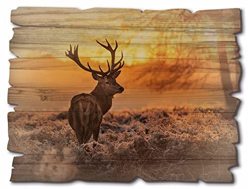 ARTland Wanddeko Bild aus Holz Holzbild vintage Deko 40x30 cm Natur Tiere Hirsch Wald Landschaft Geweih Landhausstil D3JI