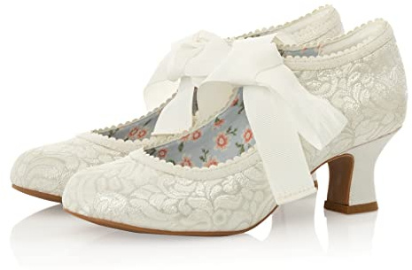 Ruby Shoo Women's Peyton Low Heel Ribbon Up ShoesWhite Silver UK 4
