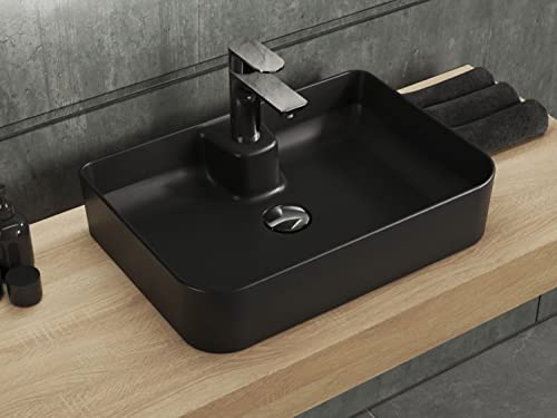 Aqua Bagno | Eckiges Aufsatzwaschbecken schwarz matt, Keramikwaschbecken, Waschschale, Handwaschbecken | 50 cm breit