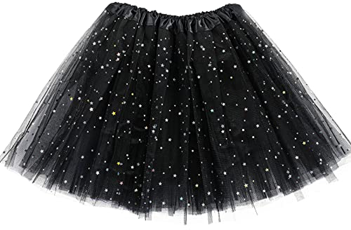 Damen Tüllrock 3 Lagen Tüll Rock mit Pailletten Sternen Adult Teen Tütü Rock Retro 80er Party Halloween Karneval Party Kostüm (Schwarz)