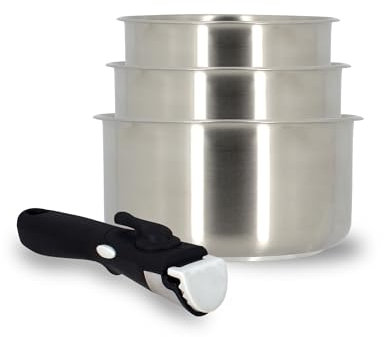 MENASTYL - Lot de 3 casseroles inox 18/10 amovibles Iris Inox sans PFAS - Tous feux dont induction, four, réfrigérateur et lave-vaisselle - Empilables et résistantes - Poignée double sécurité
