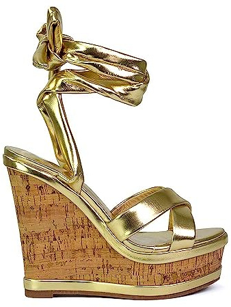 ESSEX GLAM Womens Wedge Heel Sandals Ladies Ankle Strap Lace Up Platform Open Toe Gold High Heel Shoes Size 8