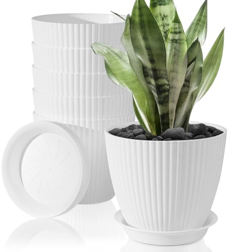 FORAGIFT 15cm Plant Pots Indoor, 6 Pack Stripe Grooves Plastic Flower Pots with Drainage Holes and Tray, Modern Decorative Planter Pot for All House Plants, White