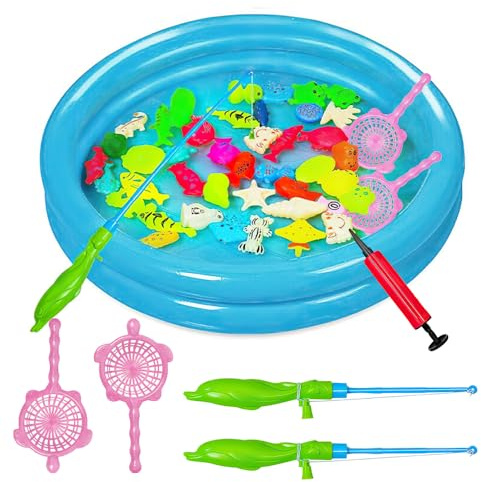LUFEIS Juego Pesca Magnetico, 50PCS Juguete de Pesca para Niño, Juguete de la Flotando Pesca, Juguete Pesca de Diversion, Juego de Agua con Cañas de Pescar y Estanque de Peces Inflable