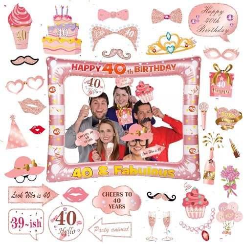Kiikinlokk Rose Gold 40th Birthday Decorations Photo Props, 34 Pieces Inflatable Selfie Frame for Women Men Party Supplies