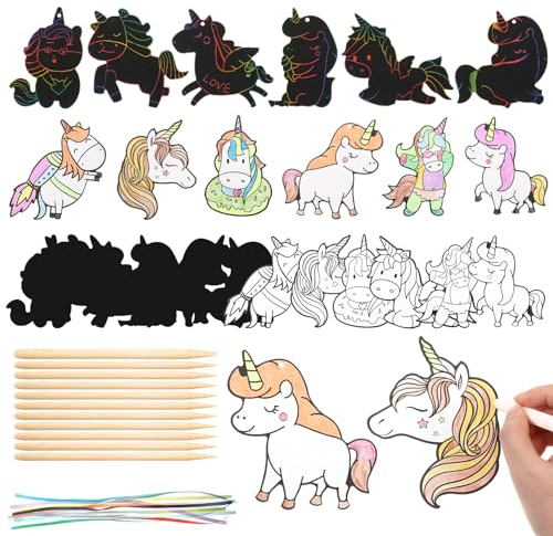 Faccito Einhorn Kratzbilder für Kinder Kratzpapier Bastelset Mit 12 Kunsthandwerk Bildern, 12 Holzstifte 12 Bänder für Jungen Mädchen DIY Kunst Deko für Valentinstag, Hochzeit Party