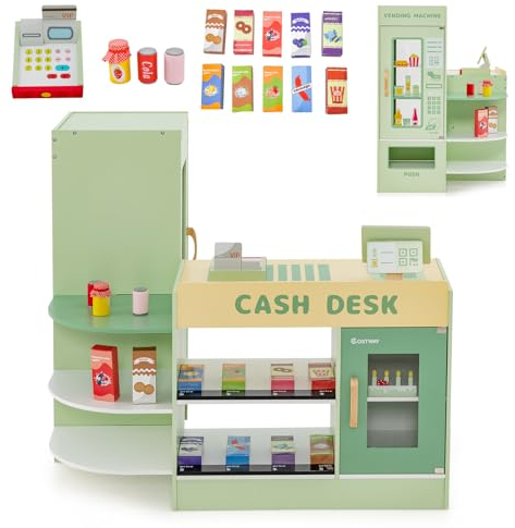 HOMASIS Kinder Kaufladen, Kaufmannsladen Holz mit 15 Zubehör, Verkaufsstand mit Seitentheke, Supermarkt-Set mit Kasse, POS & Verkaufsautomat, Einkaufsladen für Kinder von 3 bis 8 Jahren (Grün)
