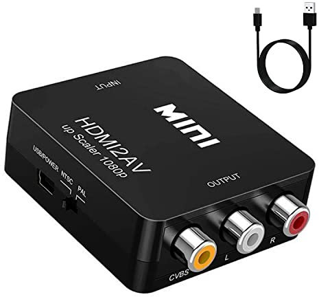 PKOUVOO Convertidor HDMI a RCA, HDMI a AV 3 RCA CVBS Compuesto Adaptador Convertidor Conversor de Video y Audio de señal Mini 1080P con Cable de Carga USB para PC/XB0X/PS4/PS3/TV/VHS/DVD/Blu Ray