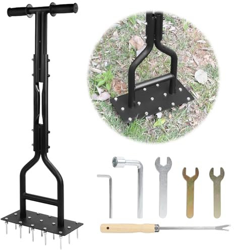 lalago 97cm Aérateur de Pelouse Manuel Scarificateur, Aerateur à Gazon avec Plateau de Rangement pour Noyau de Sol, Outil de Carottage Core Jardin pour Collecte de Pelouse ou Cour Carotteuse