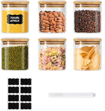 ZhouZGlass Glass Food Storage Jars Set of 6, Square Containers with Bamboo Lids, Pantry Organization Jar, Spice, Tea, Coffee and Sugar Container, Small Canister Set for Kitchen (700ml*6)