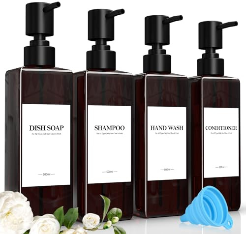 Set Di 4 Marrone Flaconi Riutilizzabili per Shampoo, 500ml Dispenser Sapone Doccia, Dispenser Doccia Shampoo e Bagnoschiuma con Imbuto ed Etichetta Impermeabile, Adatto per Cucina, Bagno e Toilette
