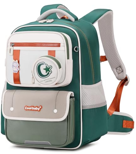 Amythe Schulranzen für Jungen 2.-5. Klasse, ergonomischer Rucksack mit Abnehmbarem Hüftgurt und Münzbeutel, grün