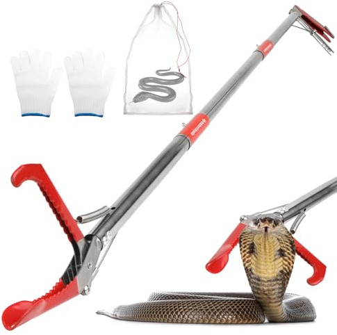 50 inch Snake Tongs Collapsible Grabber, Professional Reptile Snake Catcher Wide Jaw Handling Tool, Stainless Steel Snake Hook Long Reach Grabber for Camping, Garden and Emergency Use